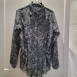 Tunic Button Down Shirt Blouse Jacket Beach Coverup Resort Stripped Gray Medium